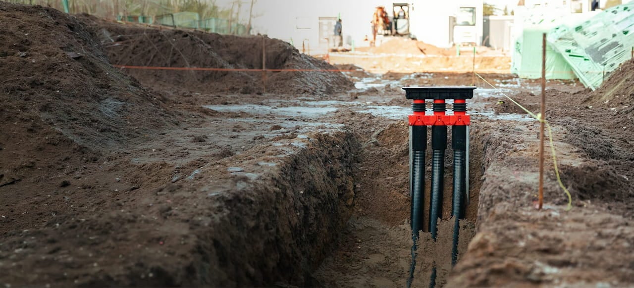 Mehrspartenhauseinführung mit mehreren Leerrohren in einem vorbereiteten Kabelgraben auf einer Baustelle