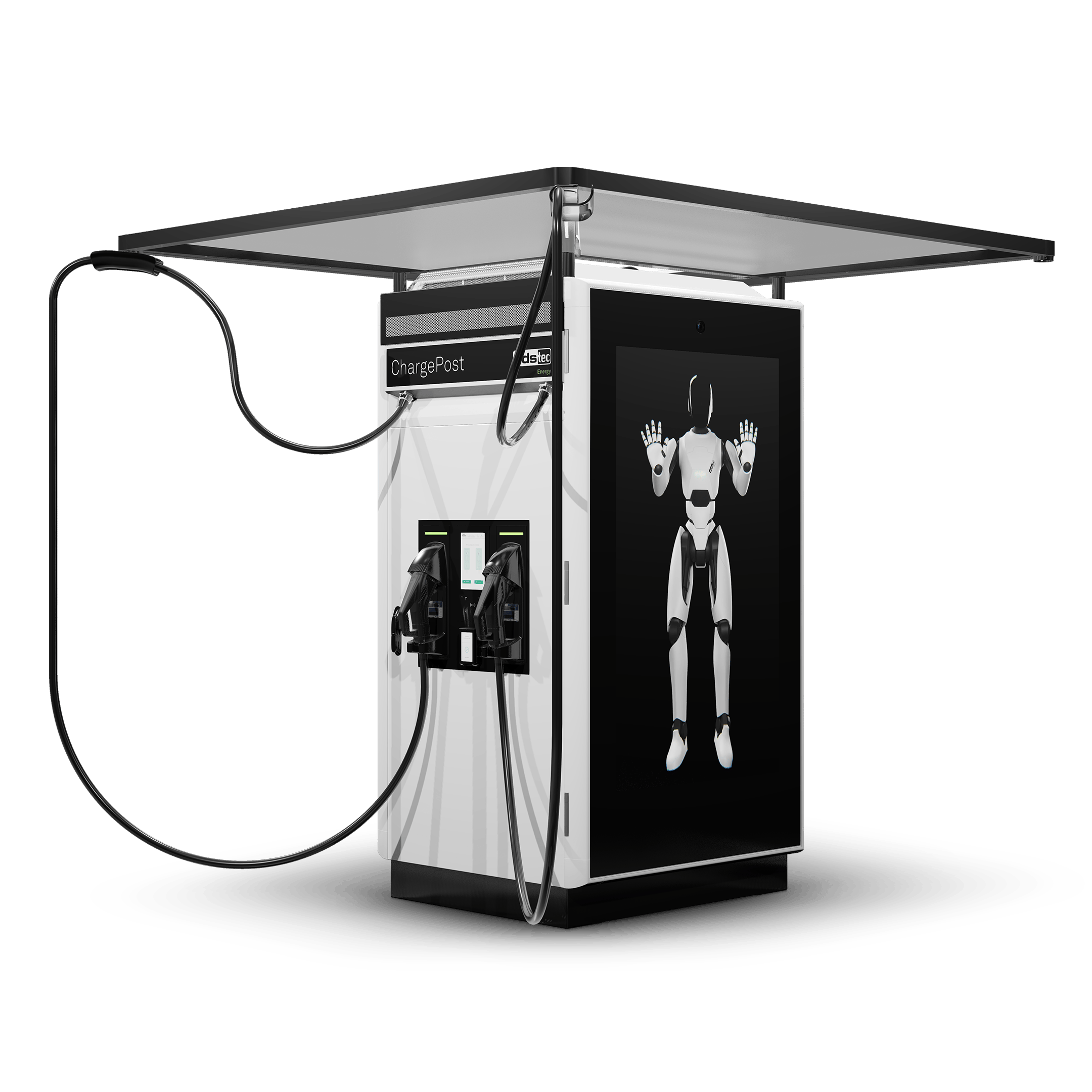ADS-TEC Energy ChargePost DC-Ladesäule inkl. Batteriespeicher mit 2 CCS2-Ladekabel (bis zu 300 kW)