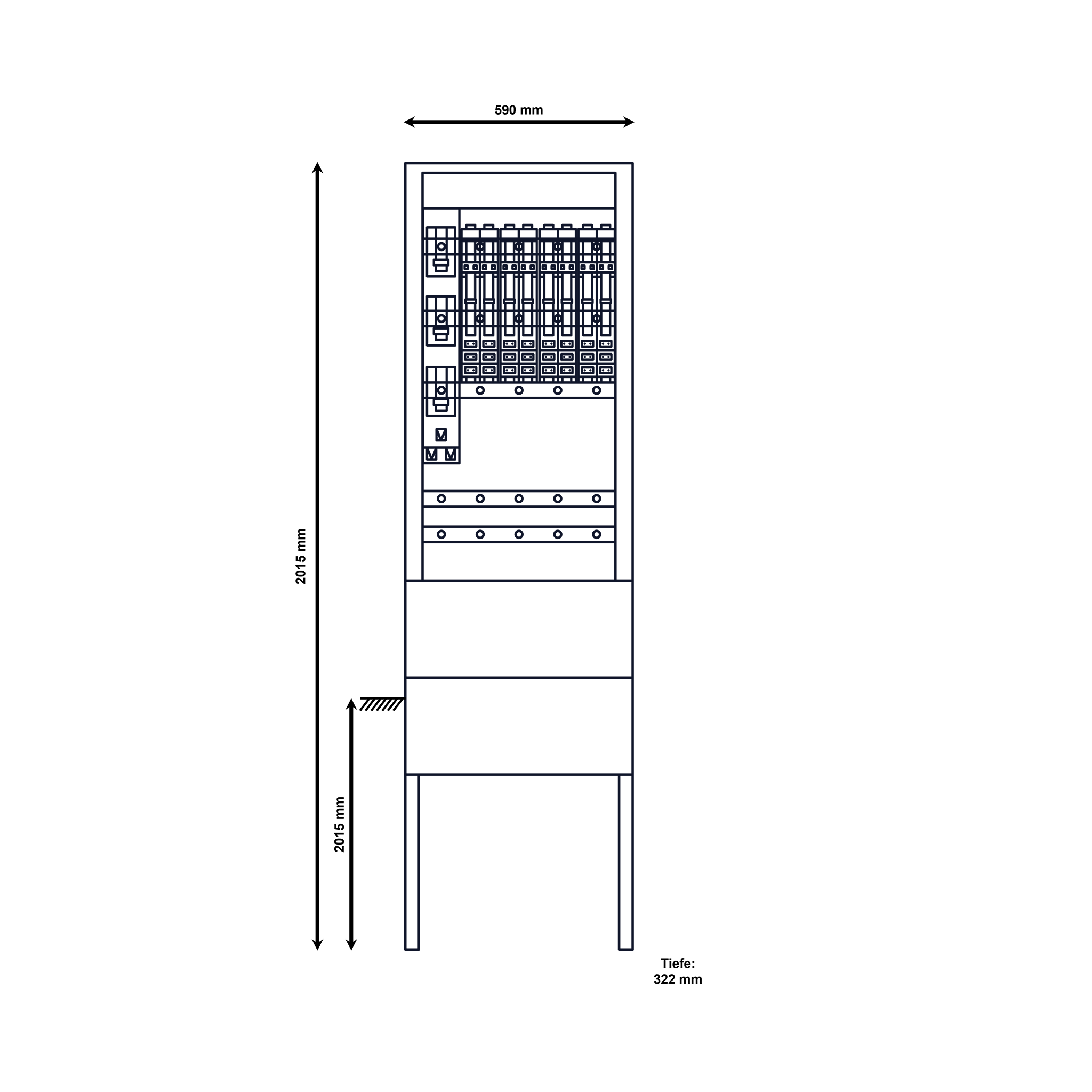 Normkabelverteiler, 590 mm breit  (5 Leistenplätze), 1 x NH2, 8x NH00