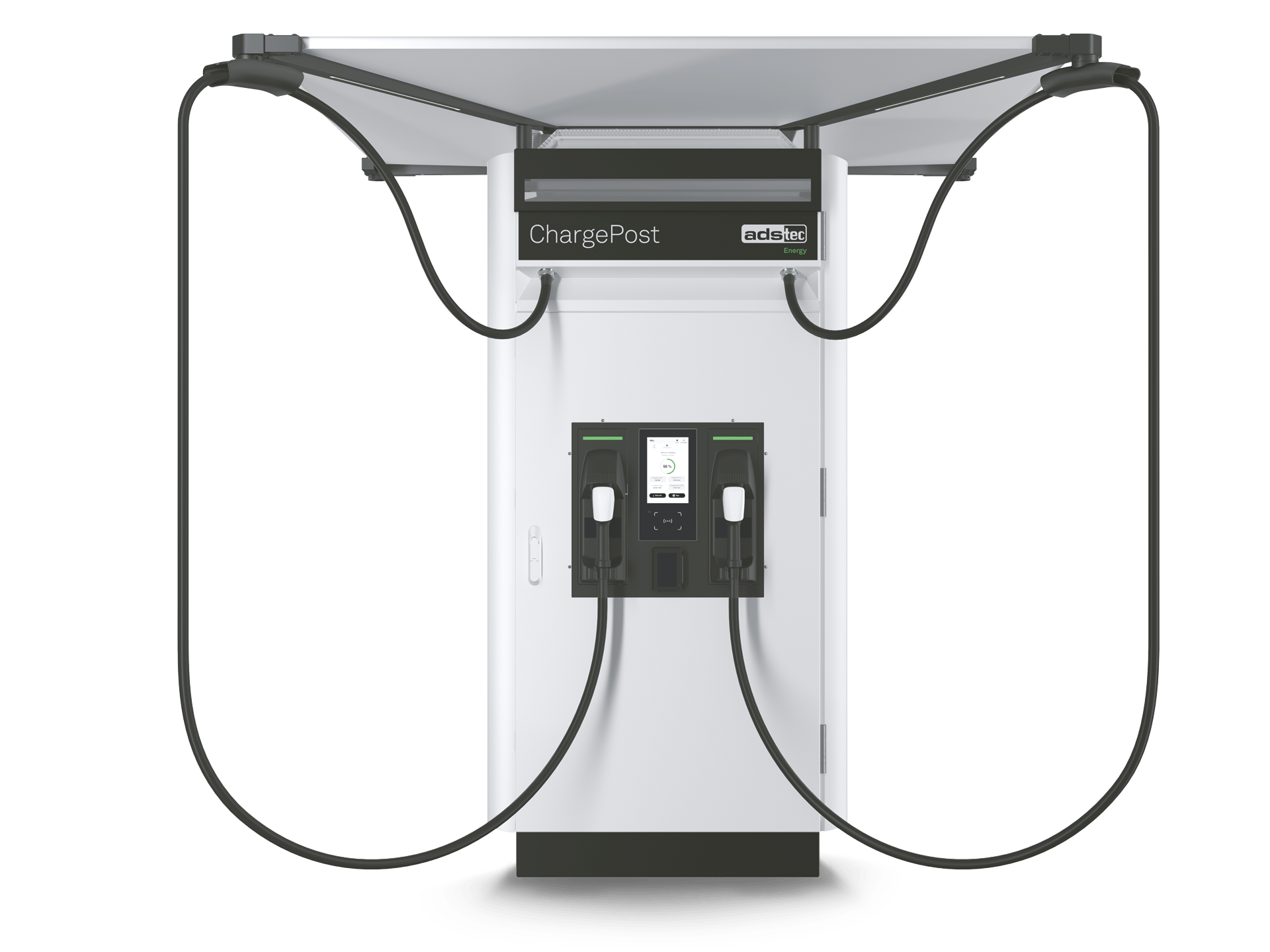 ADS-TEC Energy ChargePost DC-Ladesäule inkl. Batteriespeicher mit 2 CCS2-Ladekabel (bis zu 300 kW)