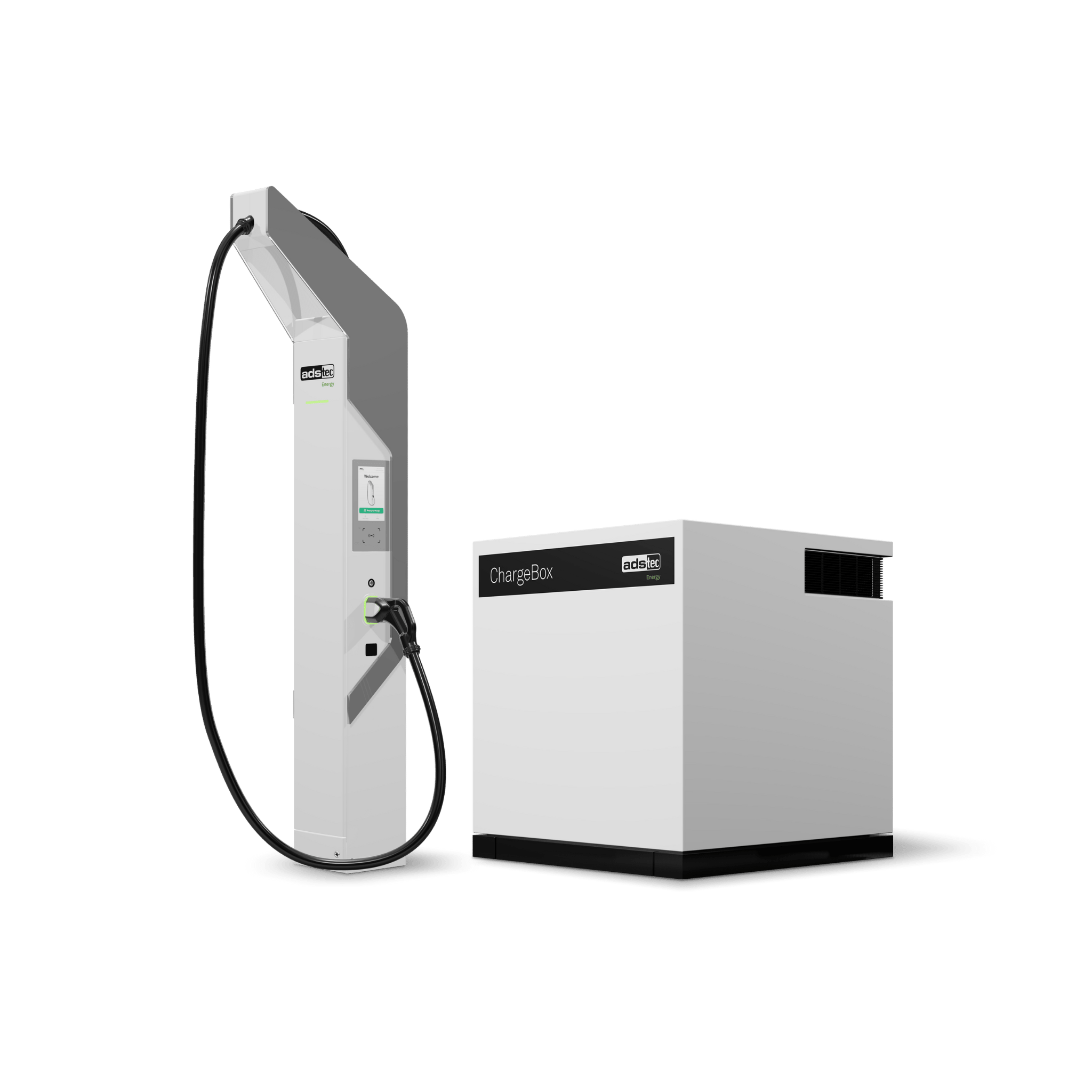 ADS-TEC Energy ChargeBox DC-Ladesäule (bis 320 kW) mit externem Batteriespeicher (140 kWh)